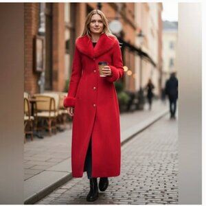 NEW VENUS RED MAXI LONG COAT FAUX FUR COLLAR CUFFS XMAS HOLIDAY GLAM